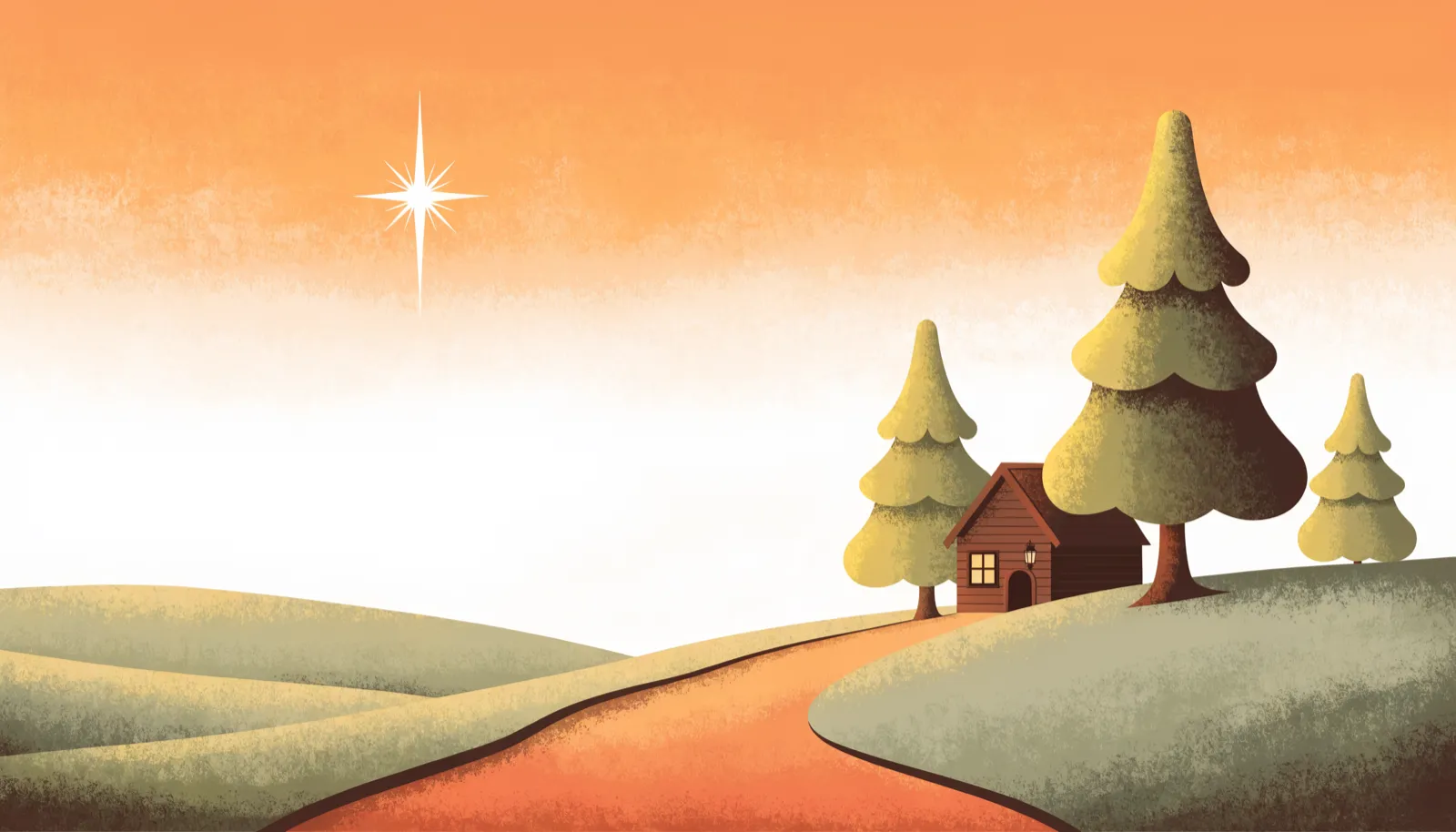 A cozy waystation cabin with a warm lit window on a hillside path under the north star