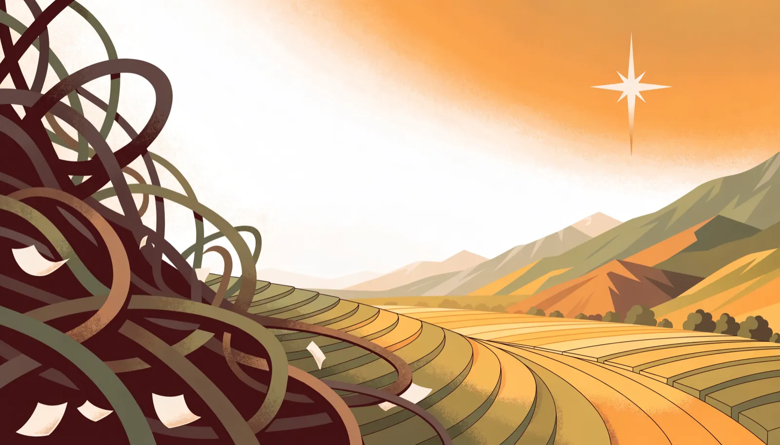 A tangled, chaotic thicket on the left giving way to a calm, ordered, sunlit valley under the north star on the right
