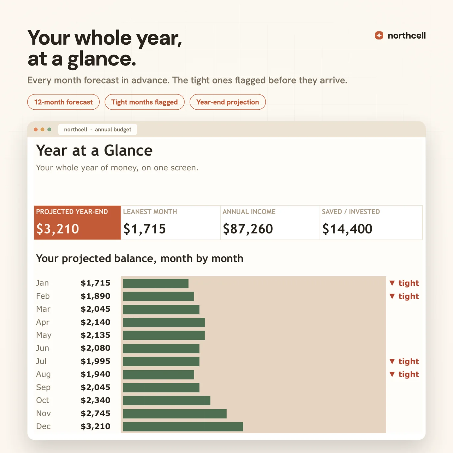 northcell Annual Budget dashboard: a Year at a Glance view with projected year-end balance and a month-by-month bar chart